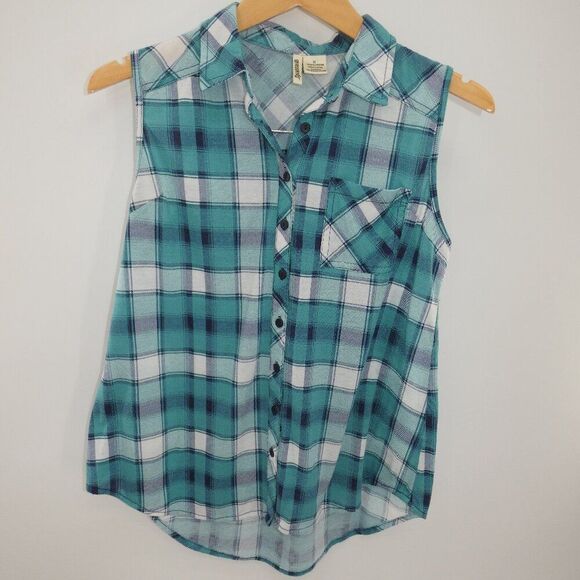 Passport Ocean Plaid Teal and Navy Sleeveless Button Up Collar Shirt Women's M - Picture 1 of 5